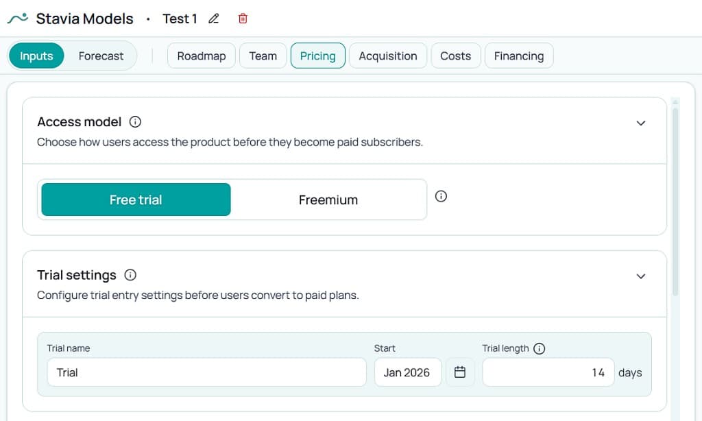 Stavia Models Access tab showing free trial configuration and trial conversion settings