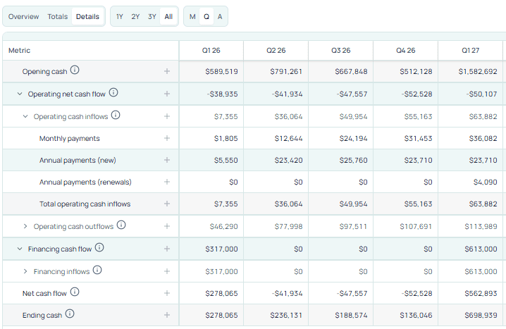 Stavia Cashflow — detailed quarterly view with opening cash, operating net cash flow, inflows (monthly, annual new, annual renewals), outflows, financing cash flow, net cash flow, and ending cash