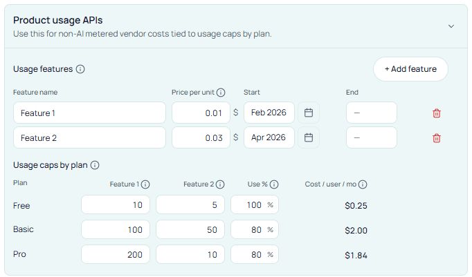 Stavia Costs input — Product usage APIs with per-feature pricing, start dates, and usage caps by plan (Free, Basic, Pro)