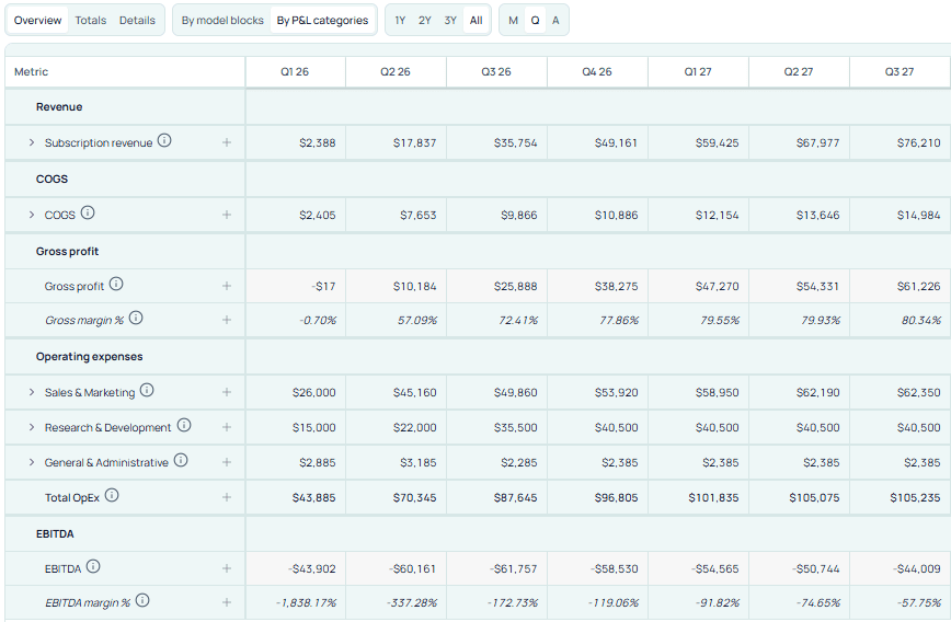Stavia P&L — quarterly view with subscription revenue, COGS, gross profit and margin, operating expenses (S&M, R&D, G&A), and EBITDA across the forecast