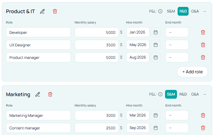 Stavia Team input — Product & IT and Marketing departments with roles, monthly salary, hire month, and P&L mapping (R&D, S&M)