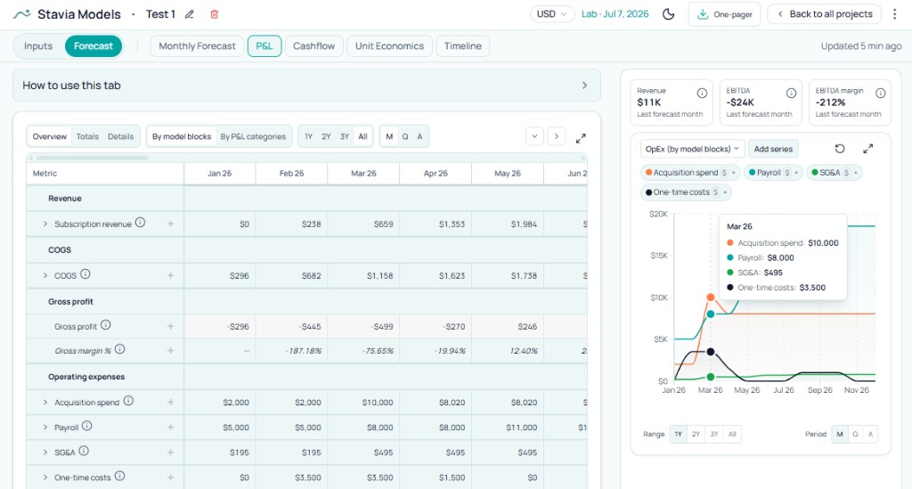 P&L view showing category-level operating expenses including SG&A and one-time costs