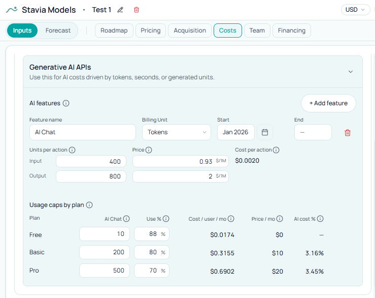 Stavia Inputs, Costs, COGS: Generative AI APIs with AI Chat on tokens, cost per action, and usage caps by plan