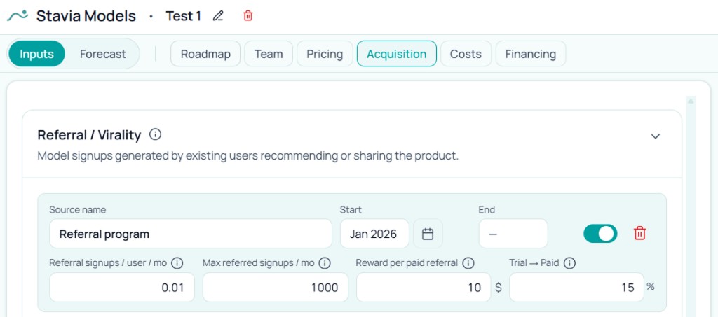Stavia Models Referral / Virality: referred signups per user, max referred, reward per paid