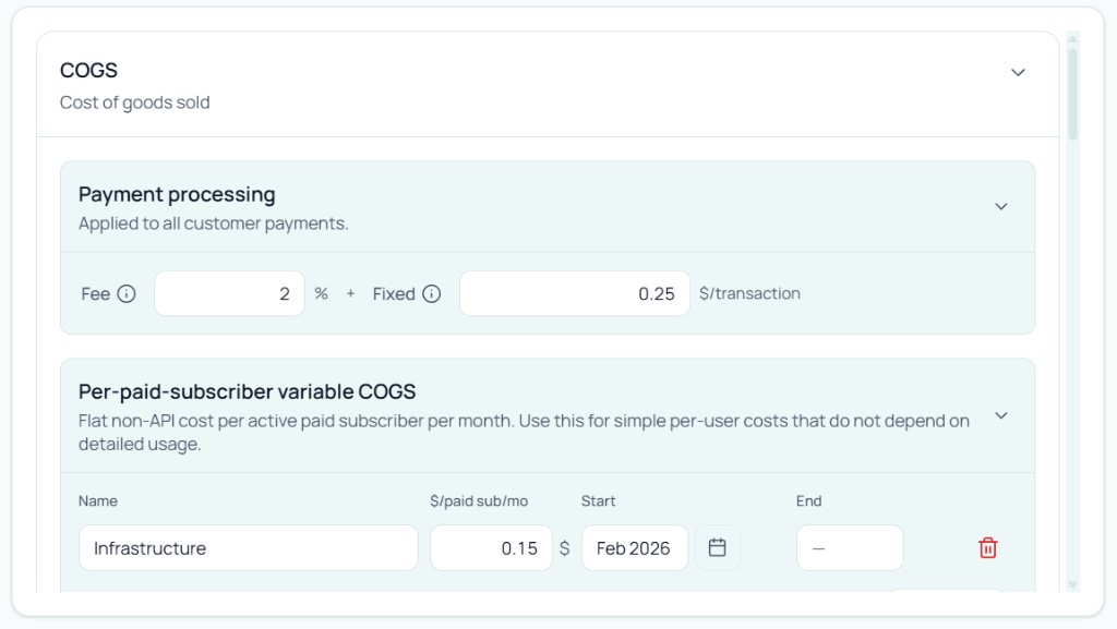 Stavia Costs: COGS with payment processing and per-paid-subscriber variable lines
