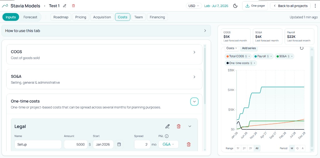 Stavia Inputs: Costs tab with COGS, SG&A, and one-time cost sections