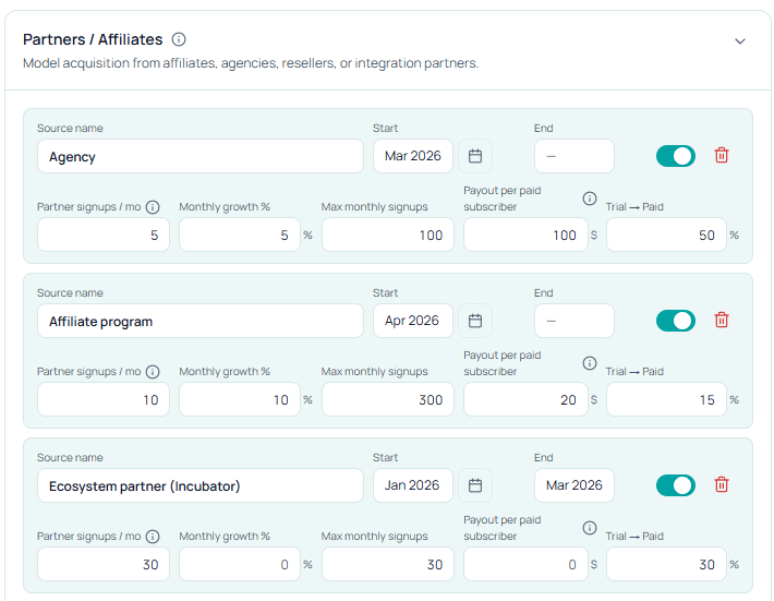 Stavia Models Partners / Affiliates section with Agency, Affiliate program, and Ecosystem partner sources