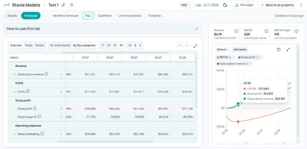 P&L overview with revenue, COGS, and gross profit sections