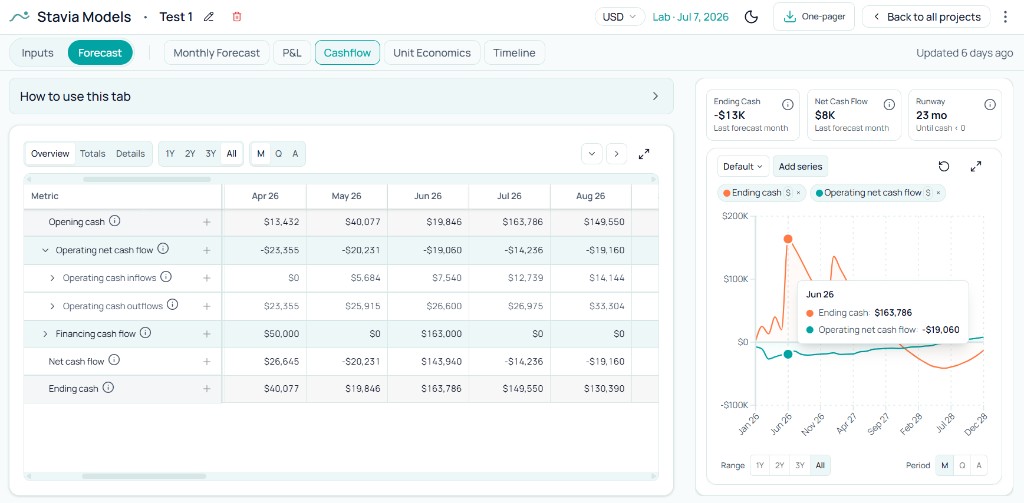 Cash Flow overview with opening cash, operating net cash flow, financing cash flow, net cash flow, and ending cash
