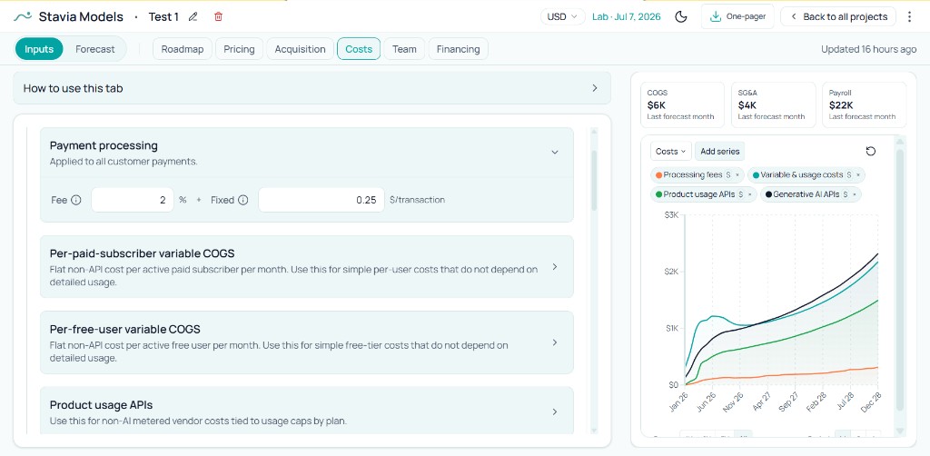 Stavia Inputs, Costs tab: payment processing, per-paid-subscriber and per-free-user variable COGS, and product usage APIs